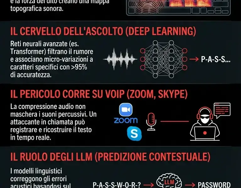 Infografica: La tastiera parla: come l'AI ruba la password ascoltando i tasti
