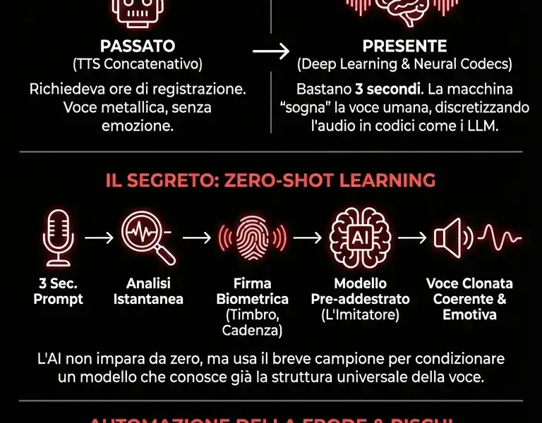Infografica: La tua voce ti tradisce in 3 secondi: il furto perfetto dell'IA