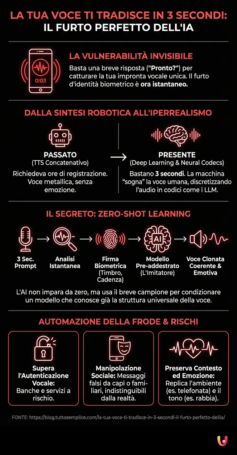 La tua voce ti tradisce in 3 secondi: il furto perfetto dell'IA - Infografica riassuntiva