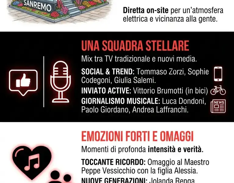 Infografica: La Volta Buona a Sanremo 2026: glass studio e nuova linea editoriale