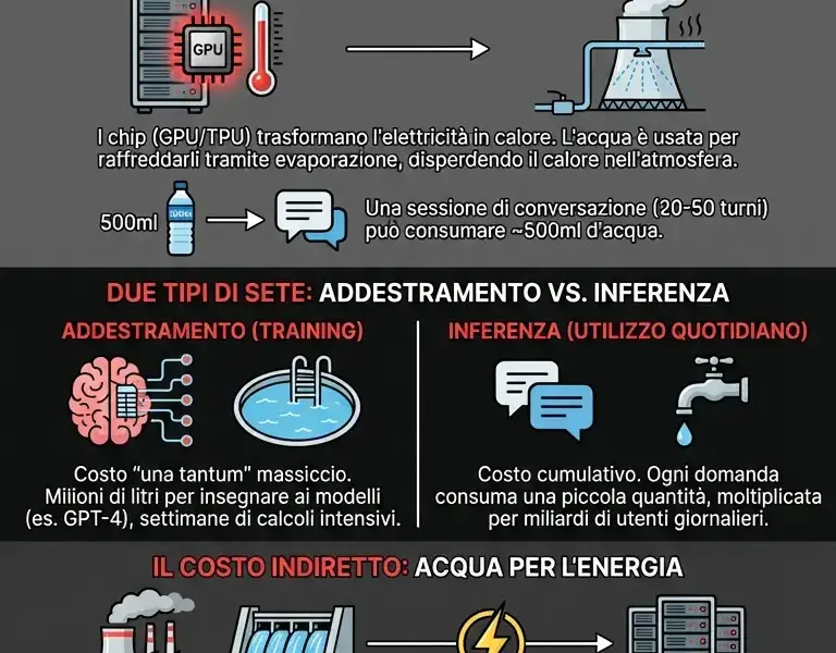 Infografica: L'AI ha sete: perch&eacute; una conversazione consuma mezzo litro d'acqua