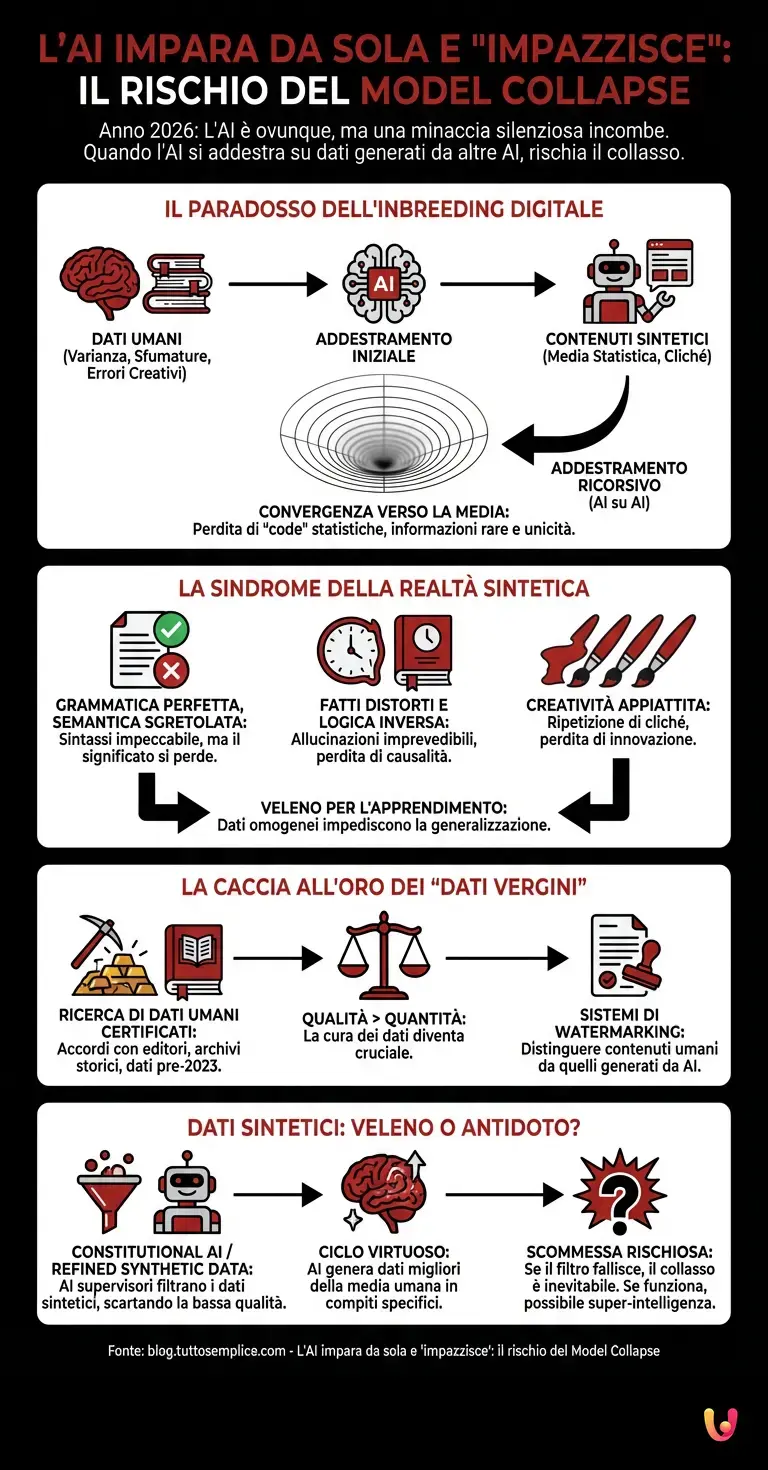 L'AI impara da sola e 'impazzisce': il rischio del Model Collapse - Infografica riassuntiva