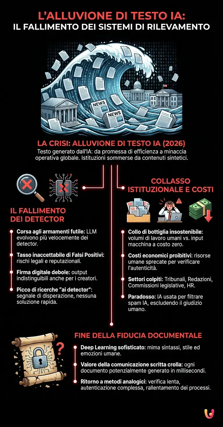 L'alluvione di testo IA: il fallimento dei sistemi di rilevamento - Infografica riassuntiva