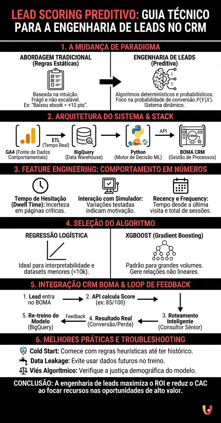 Lead Scoring Preditivo: Guia T&eacute;cnico para a Engenharia de Leads no CRM - Infogr&aacute;fico resumido
