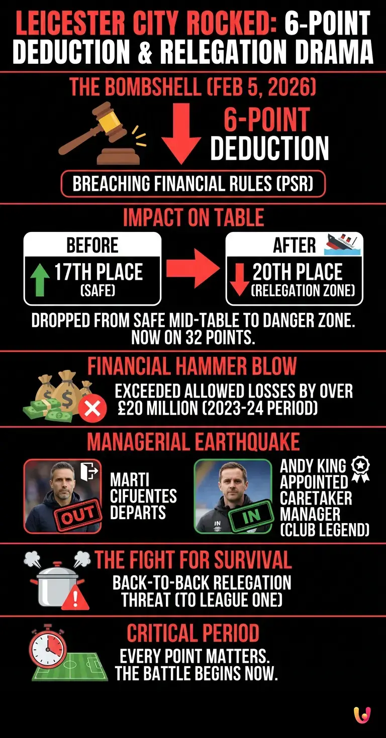 Leicester City Rocked by Six-Point Deduction: Relegation Drama Explodes! - Summary Infographic