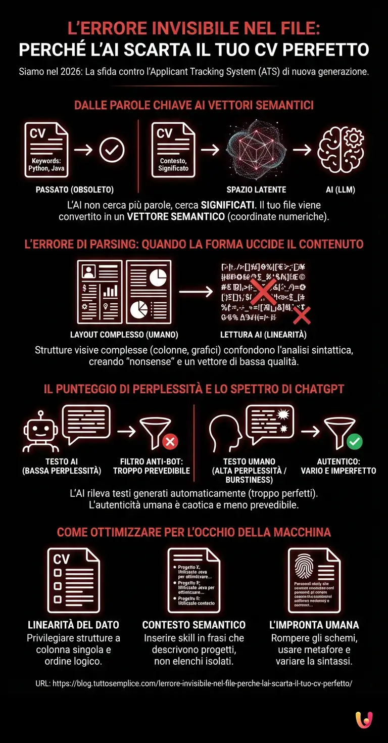L'errore invisibile nel file: perch&eacute; l'AI scarta il tuo CV perfetto - Infografica riassuntiva