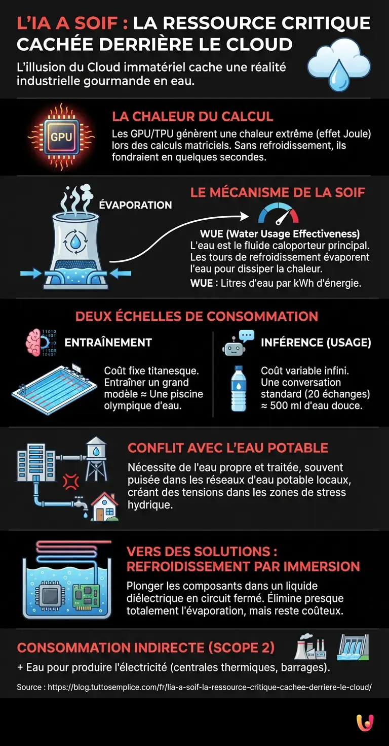 L'IA a soif : la ressource critique cach&eacute;e derri&egrave;re le Cloud - Infographie r&eacute;sumant