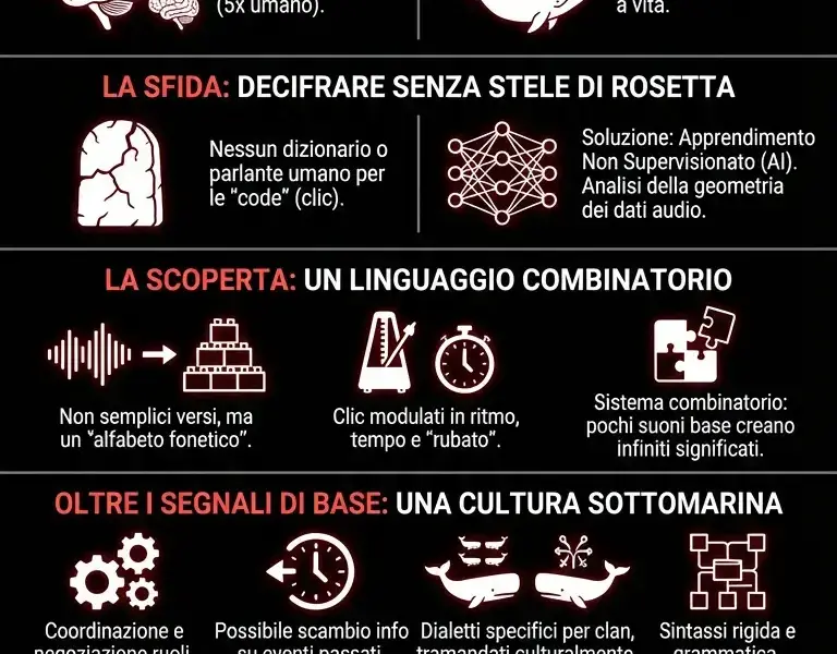 Infografica: L'IA decifra un codice non umano: il primo contatto &egrave; qui sulla Terra