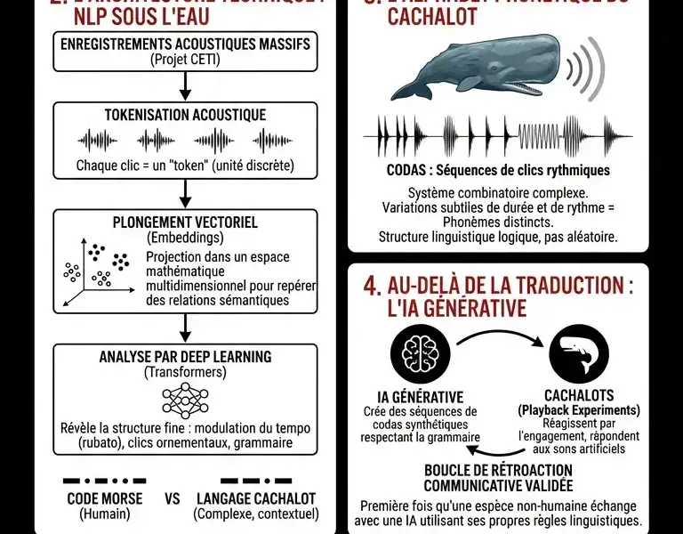 Infografica: L'IA r&eacute;v&egrave;le la v&eacute;rit&eacute; sur les sons des cachalots : un vrai langage