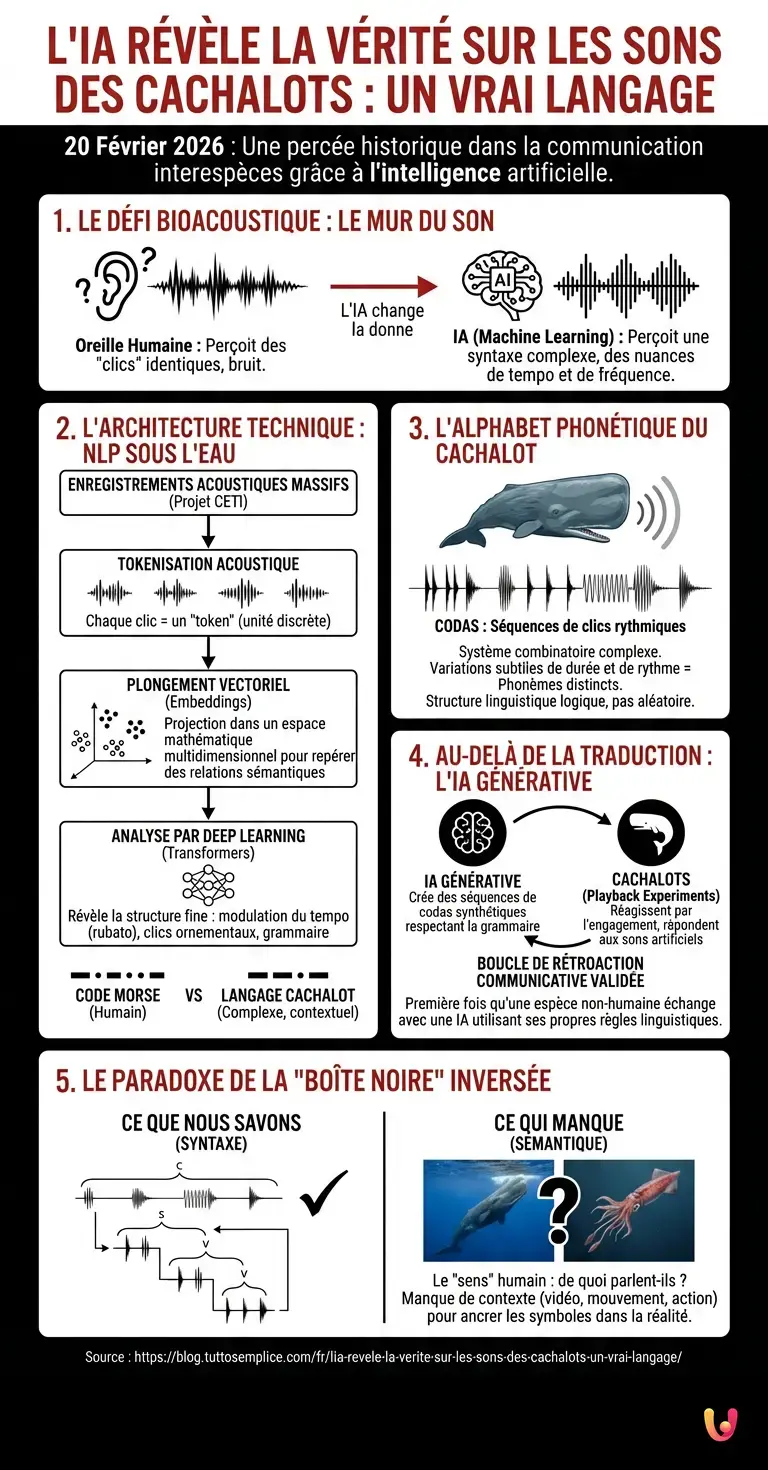 L'IA r&eacute;v&egrave;le la v&eacute;rit&eacute; sur les sons des cachalots : un vrai langage - Infographie r&eacute;sumant