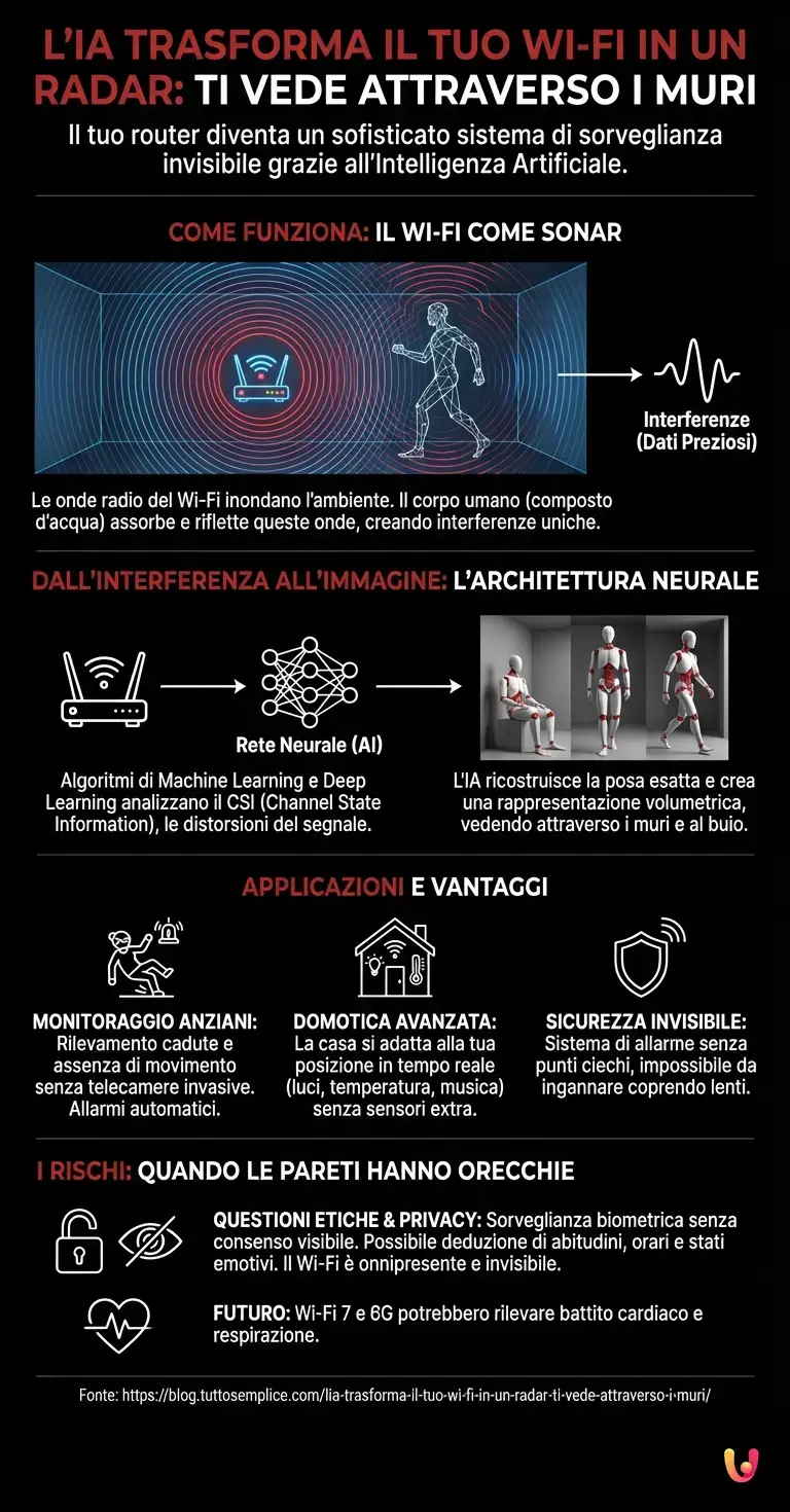 L'IA trasforma il tuo Wi-Fi in un radar: ti vede attraverso i muri - Infografica riassuntiva