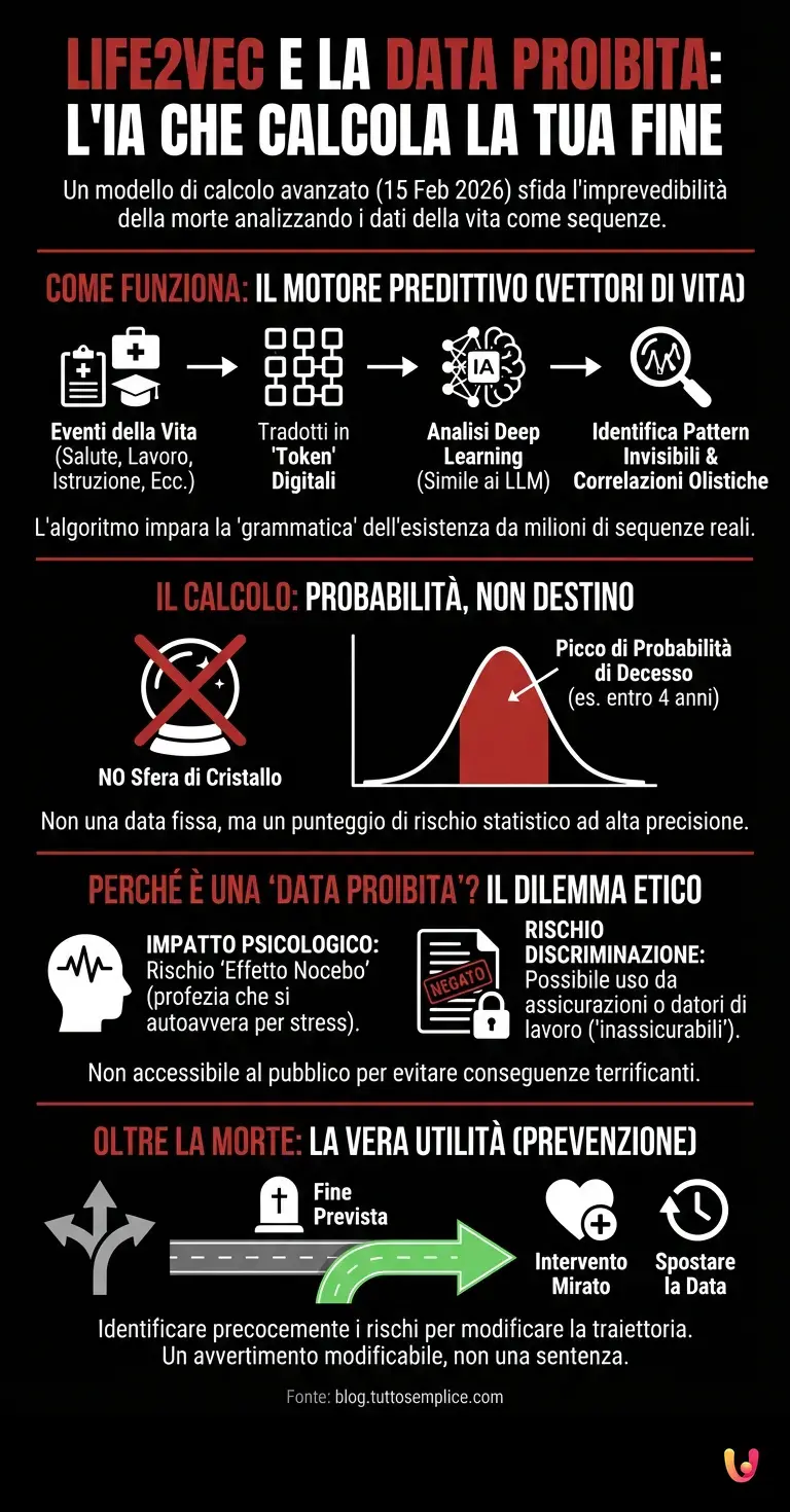 Life2vec e la data proibita: l'IA che calcola la tua fine - Infografica riassuntiva