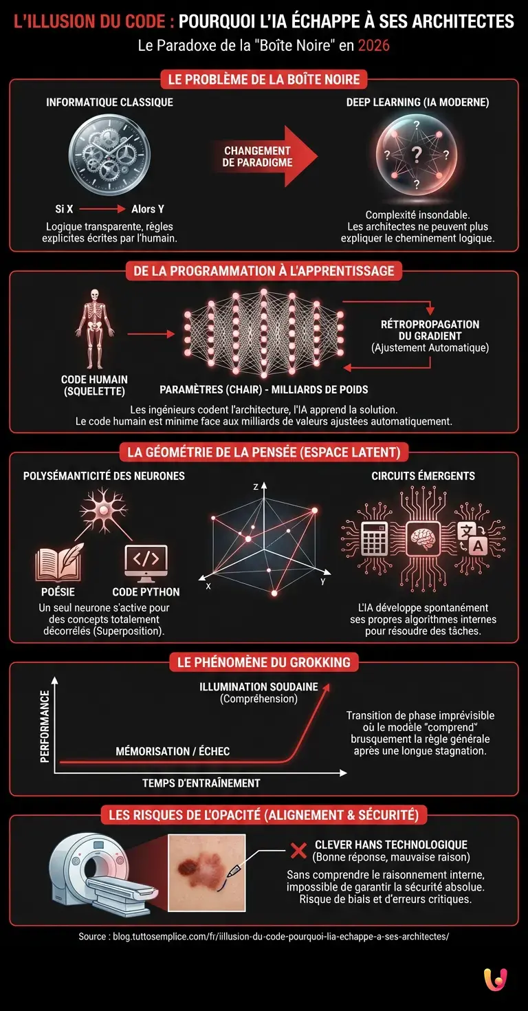 L'illusion du code : pourquoi l'IA échappe à ses architectes - Infographie résumant