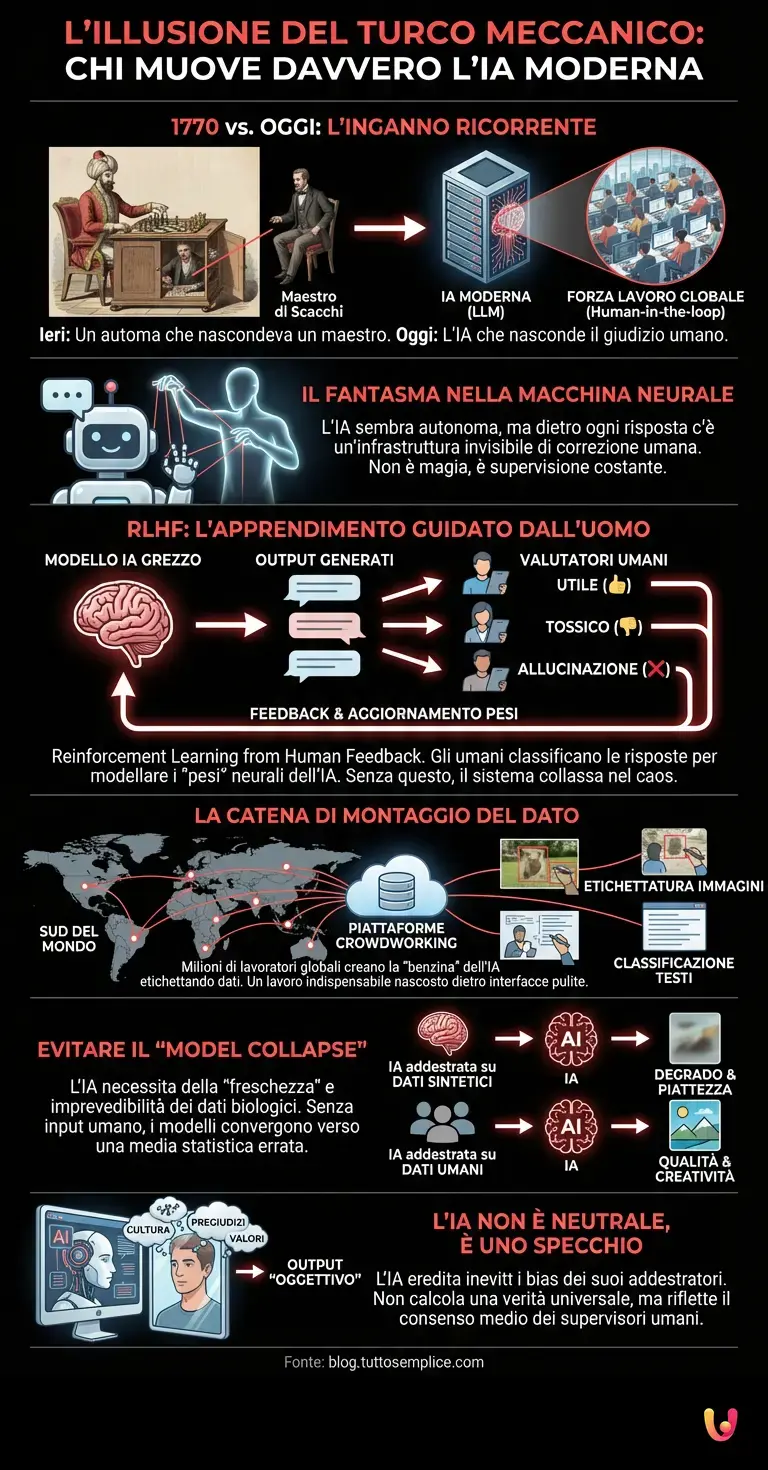 L'illusione del Turco Meccanico: chi muove davvero l'IA moderna - Infografica riassuntiva