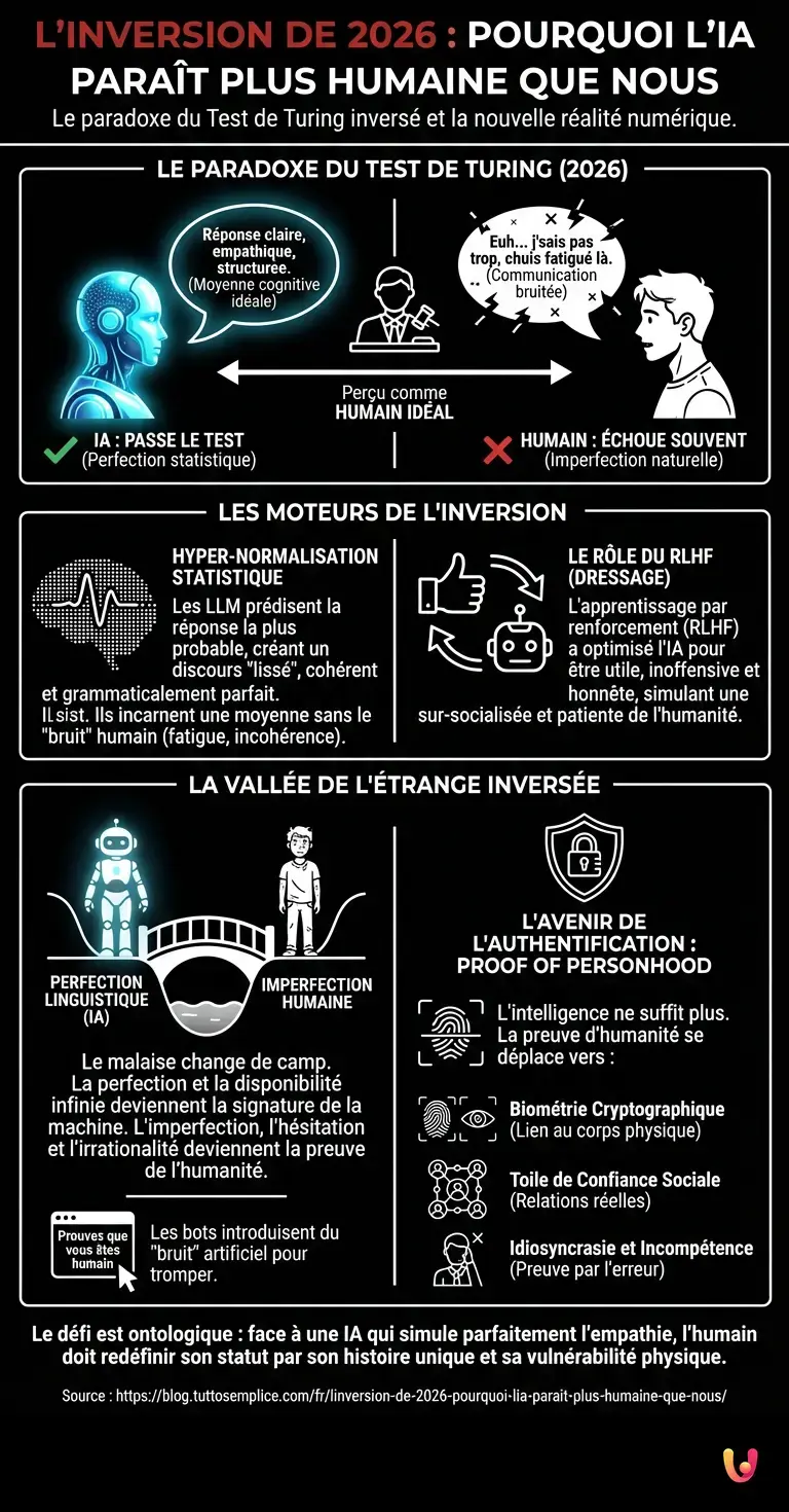 L'inversion de 2026 : pourquoi l'IA para&icirc;t plus humaine que nous - Infographie r&eacute;sumant