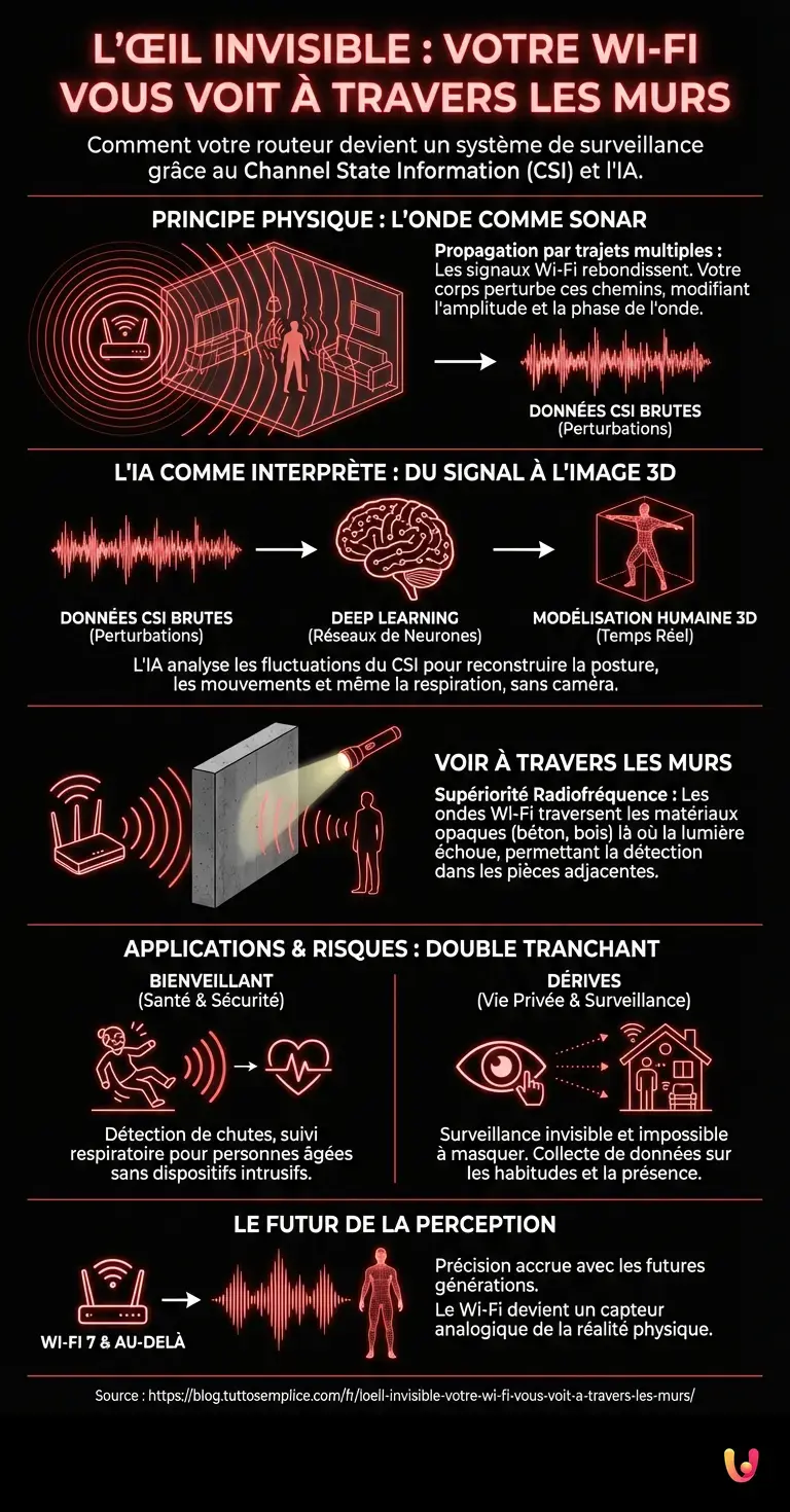 L'&oelig;il invisible : votre Wi-Fi vous voit &agrave; travers les murs - Infographie r&eacute;sumant