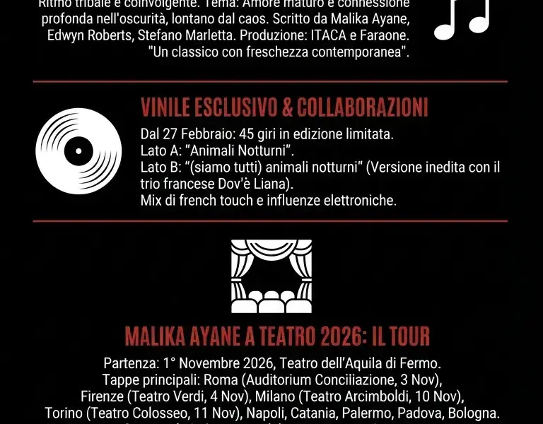 Infografica: Malika Ayane a Sanremo 2026: brano Animali Notturni e tour teatrale