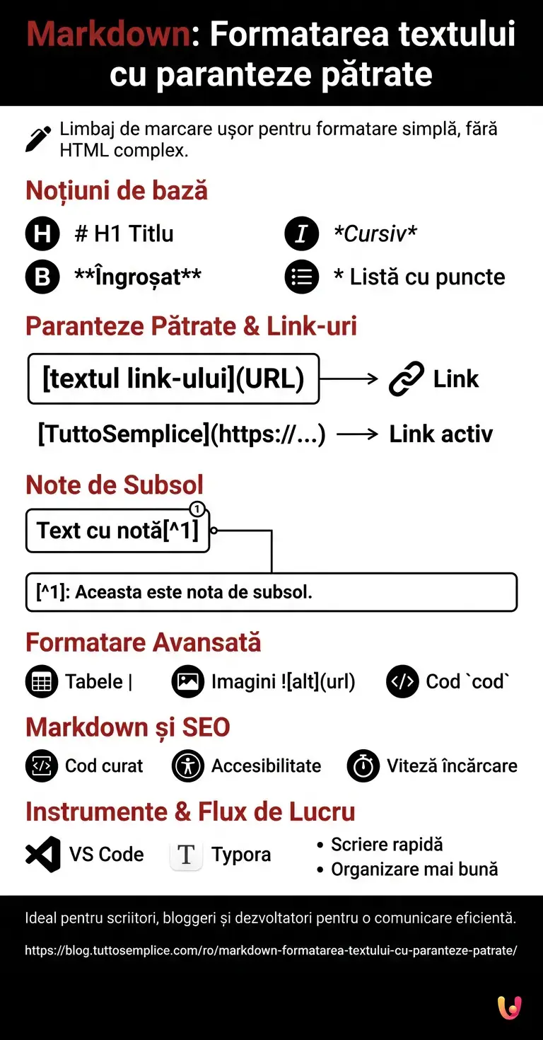 Markdown: Formatarea textului cu paranteze pătrate - Infografic rezumativ