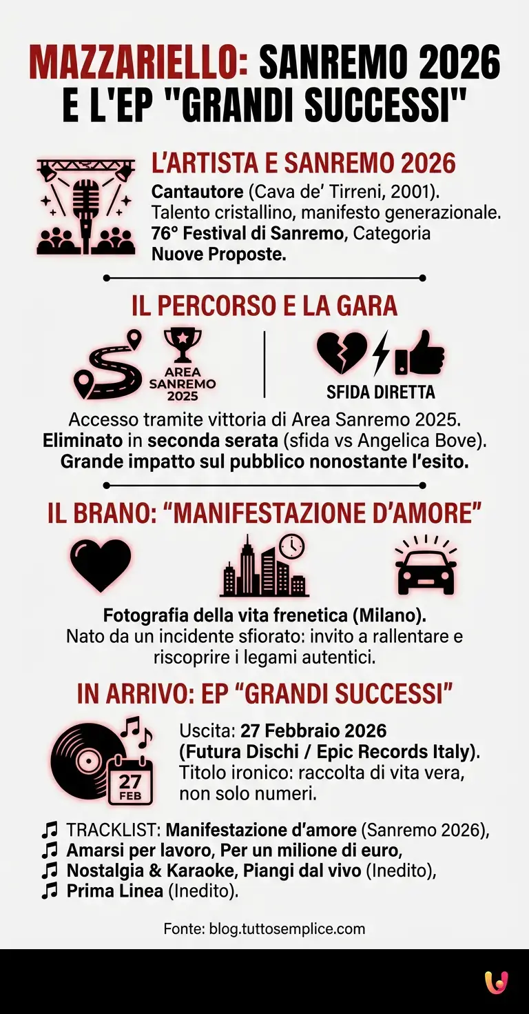 Mazzariello: percorso a Sanremo 2026 e uscita EP Grandi Successi - Infografica riassuntiva