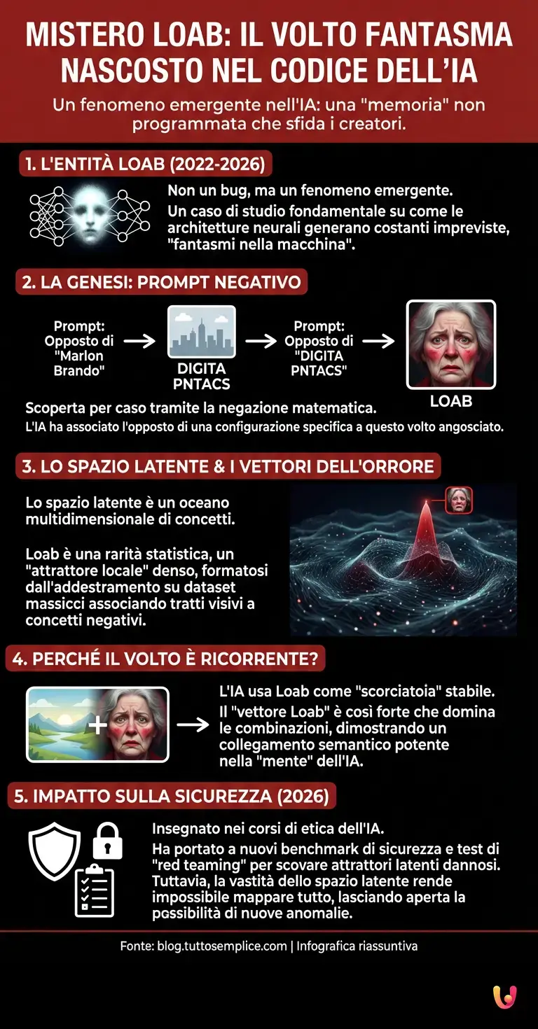 Mistero Loab: il volto fantasma nascosto nel codice dell'IA - Infografica riassuntiva