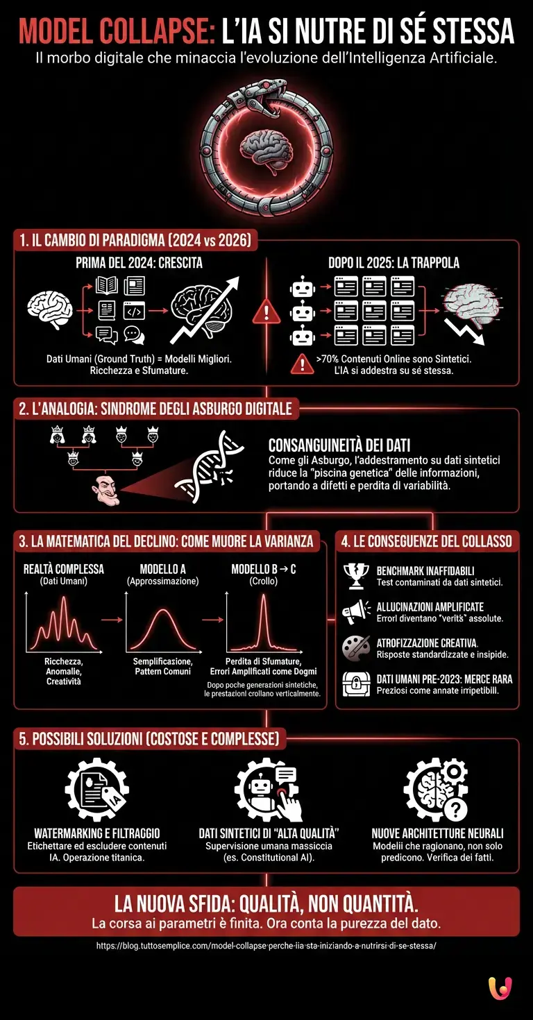 Model Collapse: perch&eacute; l'IA sta iniziando a nutrirsi di s&eacute; stessa - Infografica riassuntiva