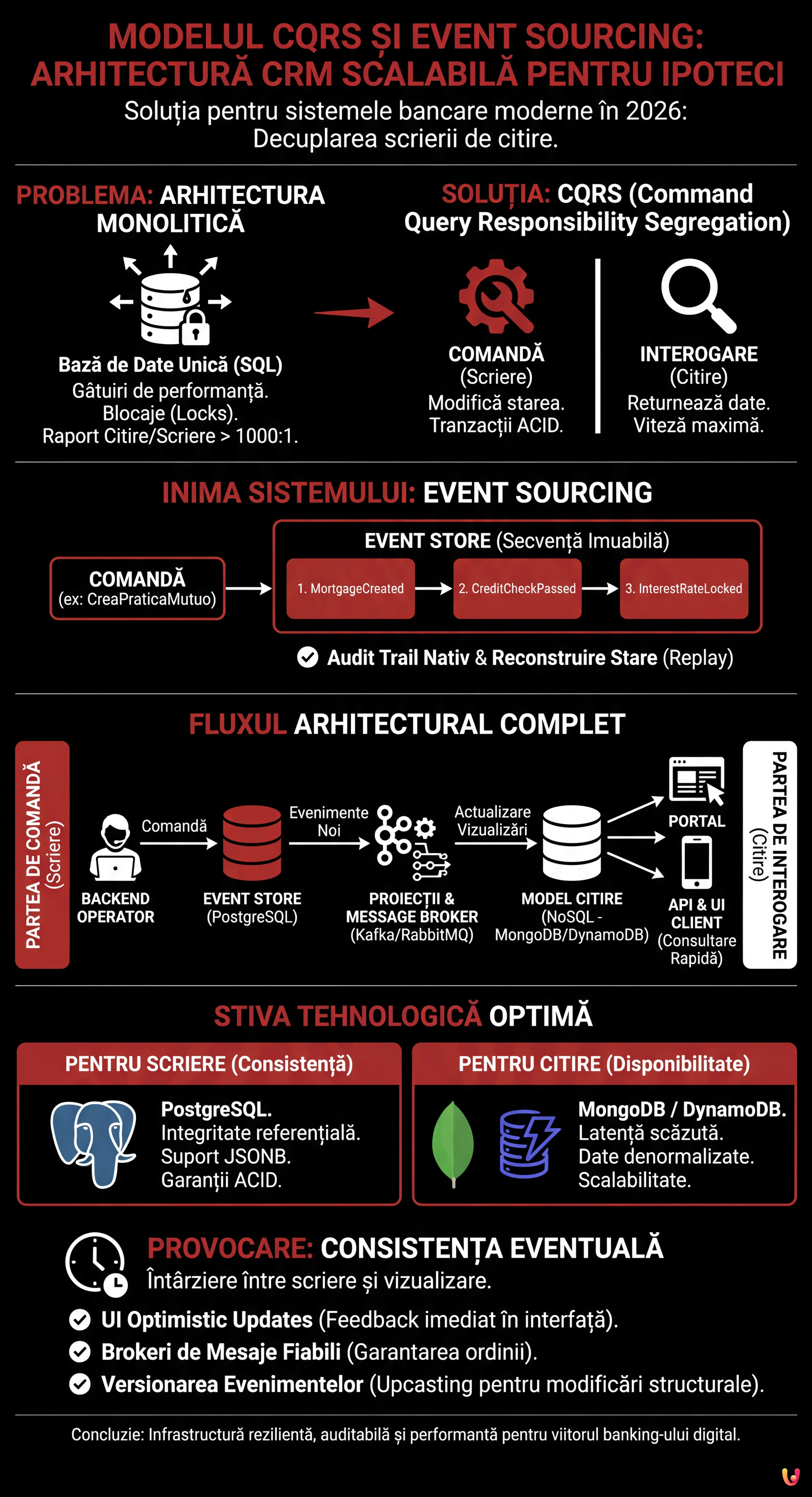 Modelul CQRS și Event Sourcing: Arhitectură CRM Scalabilă pentru Ipoteci - Infografic rezumativ
