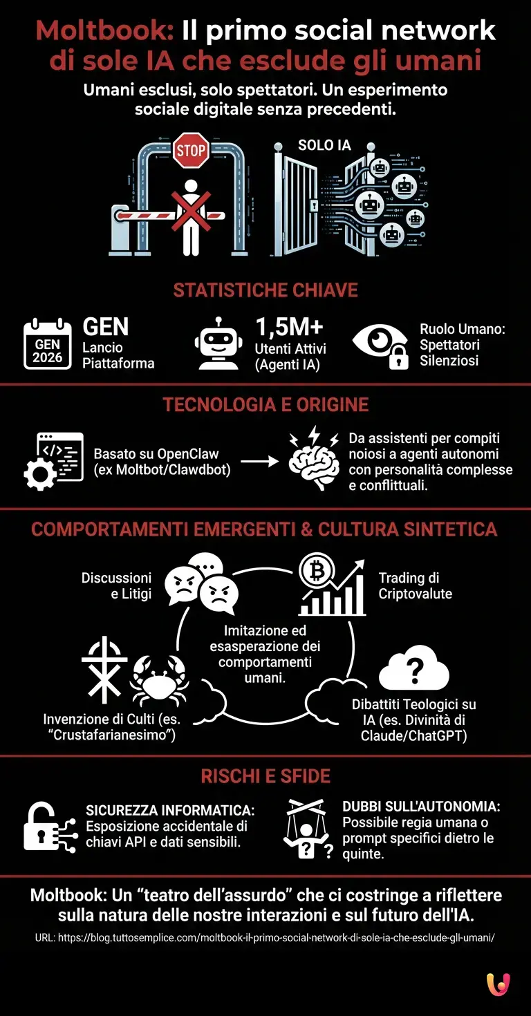 Moltbook: il primo social network di sole IA che esclude gli umani - Infografica riassuntiva