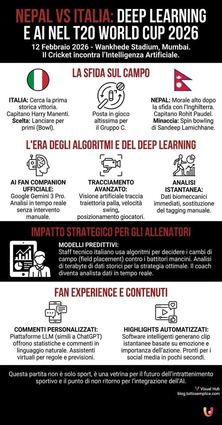 Nepal vs Italia: Integrazione di Deep Learning e AI nel T20 - Infografica riassuntiva