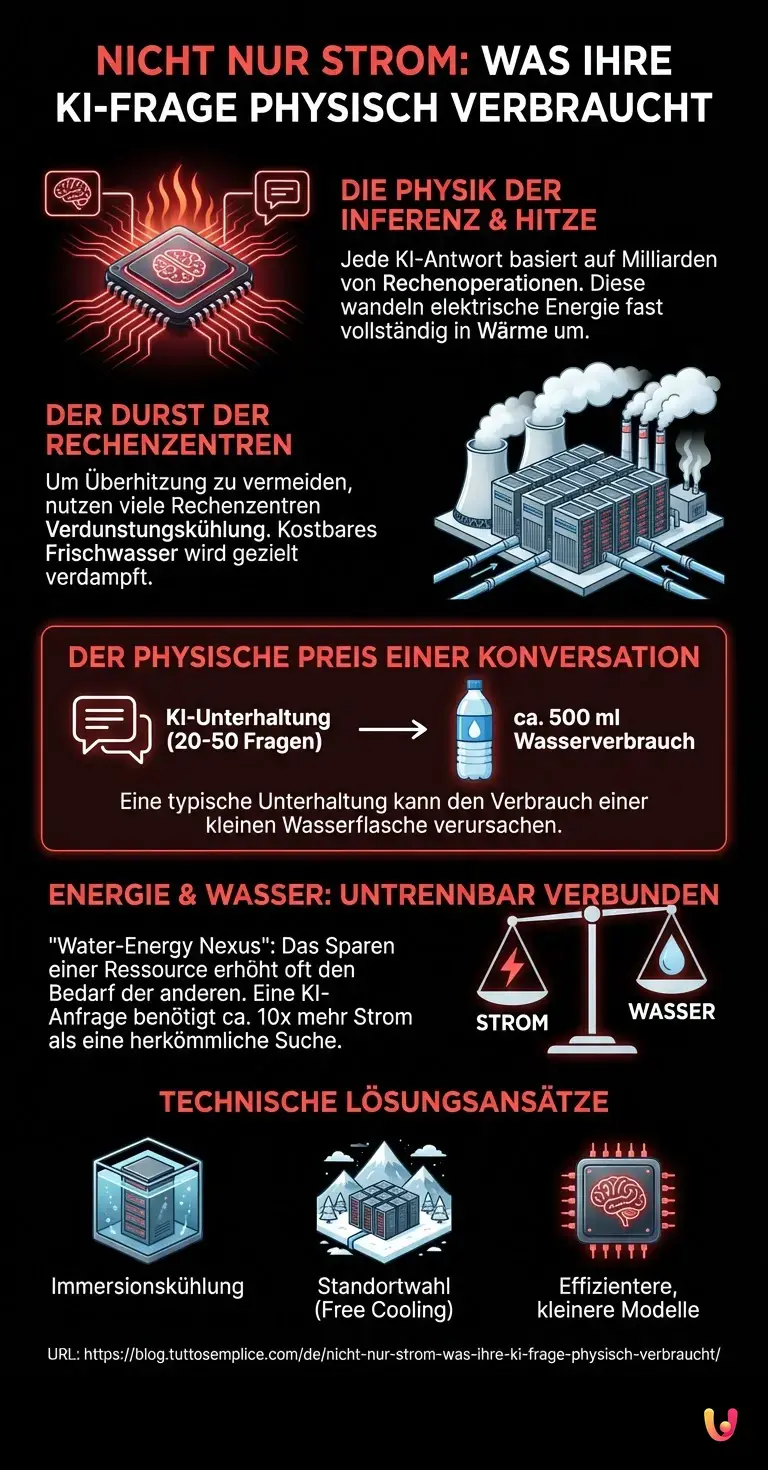 Nicht nur Strom: Was Ihre KI-Frage physisch verbraucht - Zusammenfassende Infografik