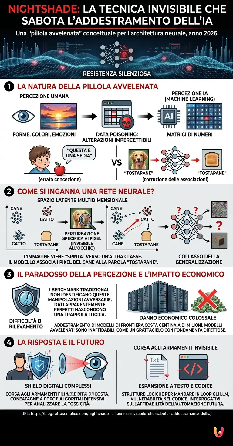 Nightshade: la tecnica invisibile che sabota l'addestramento dell'IA - Infografica riassuntiva