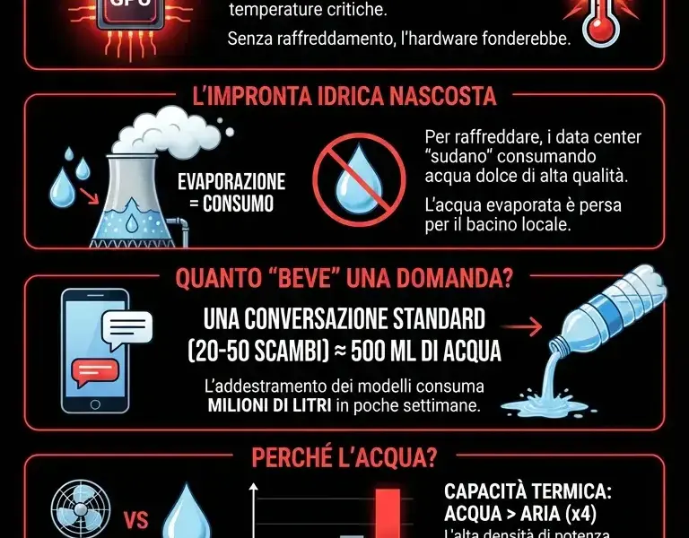 Infografica: Non &egrave; l'elettricit&agrave;: la risorsa vitale che l'IA prosciuga in silenzio