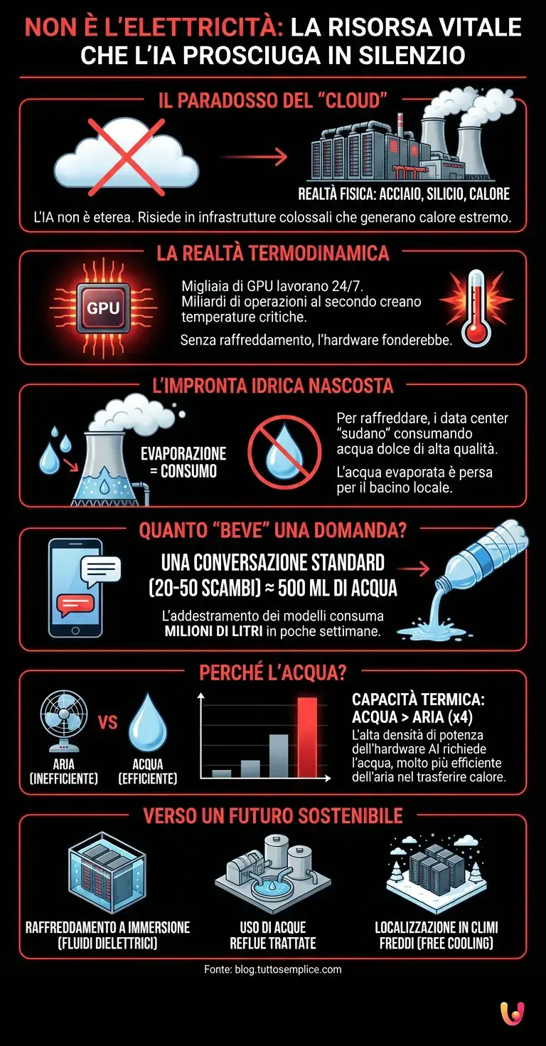 Non è l'elettricità: la risorsa vitale che l'IA prosciuga in silenzio - Infografica riassuntiva