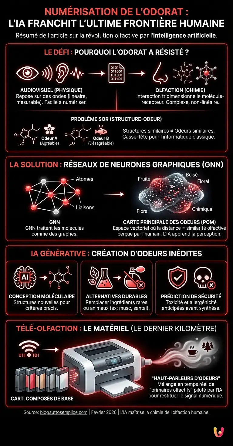 Num&eacute;risation de l'odorat : l'IA franchit l'ultime fronti&egrave;re humaine - Infographie r&eacute;sumant