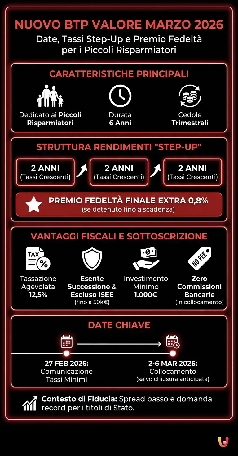Nuovo Btp Valore marzo 2026: date, tassi step-up e premio fedelt&agrave; - Infografica riassuntiva