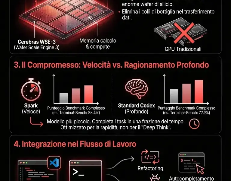 Infografica: OpenAI GPT-5.3-Codex-Spark: architettura Cerebras per bassa latenza