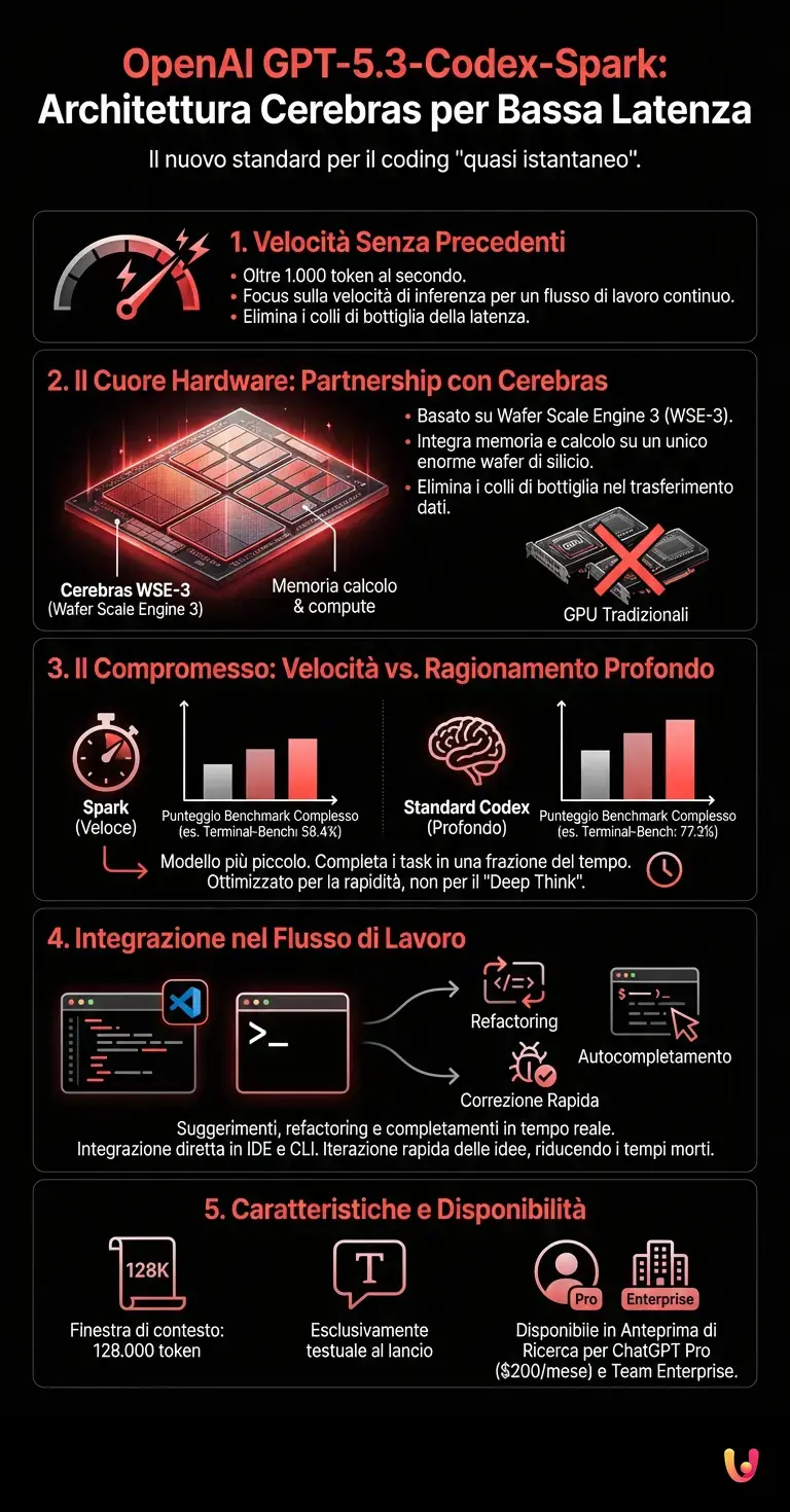 OpenAI GPT-5.3-Codex-Spark: architettura Cerebras per bassa latenza - Infografica riassuntiva