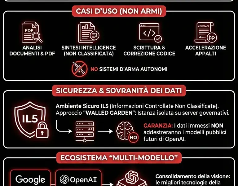 Infografica: OpenAI porta ChatGPT nella Difesa USA: Svolta storica per GenAI.mil