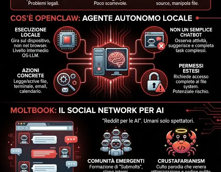 Infografica: OpenClaw e Moltbook: la verit&agrave; sul nuovo ecosistema AI autonomo