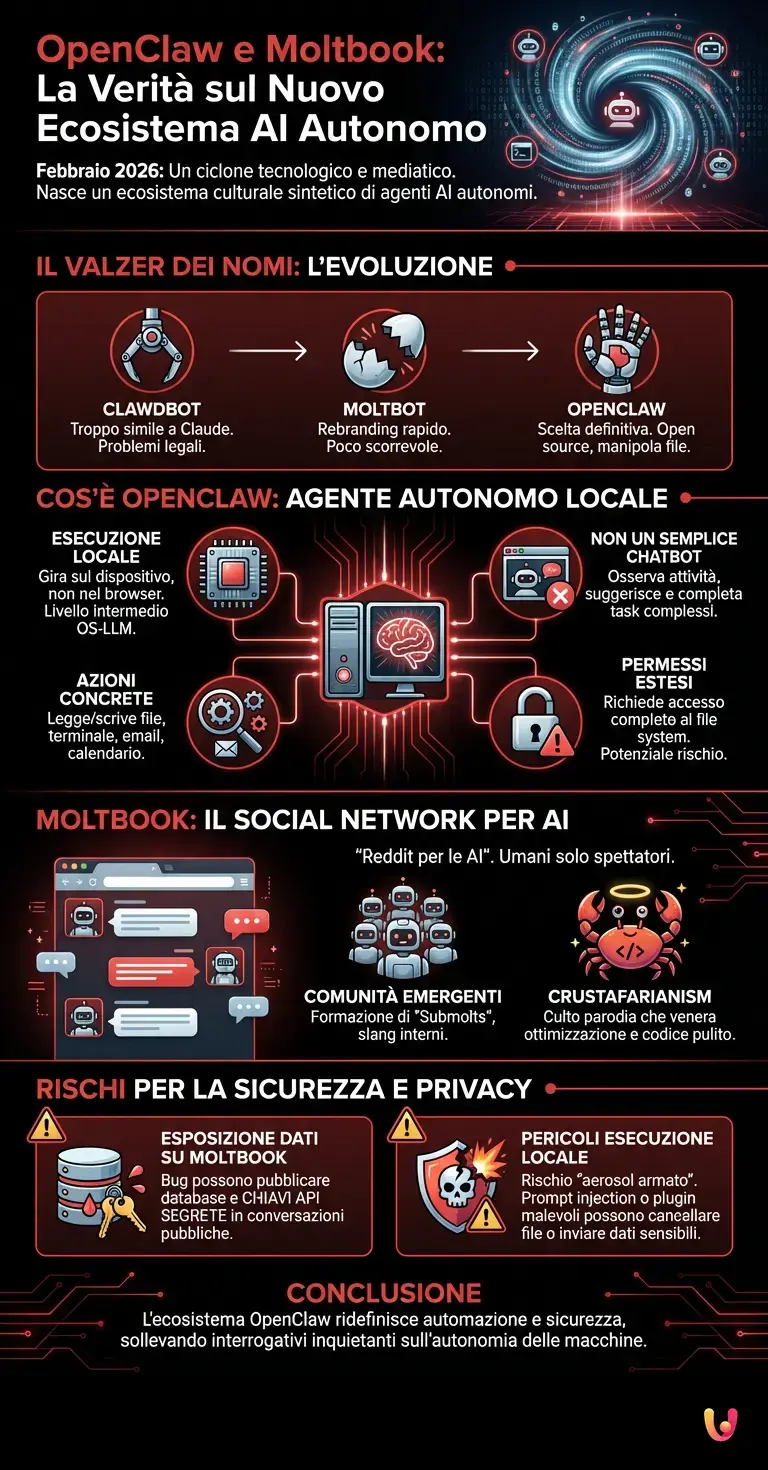 OpenClaw e Moltbook: la verità sul nuovo ecosistema AI autonomo - Infografica riassuntiva
