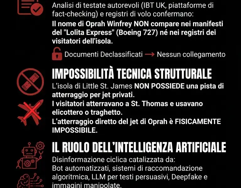 Infografica: Oprah e Epstein: dati di volo e limiti strutturali smentiscono l'AI