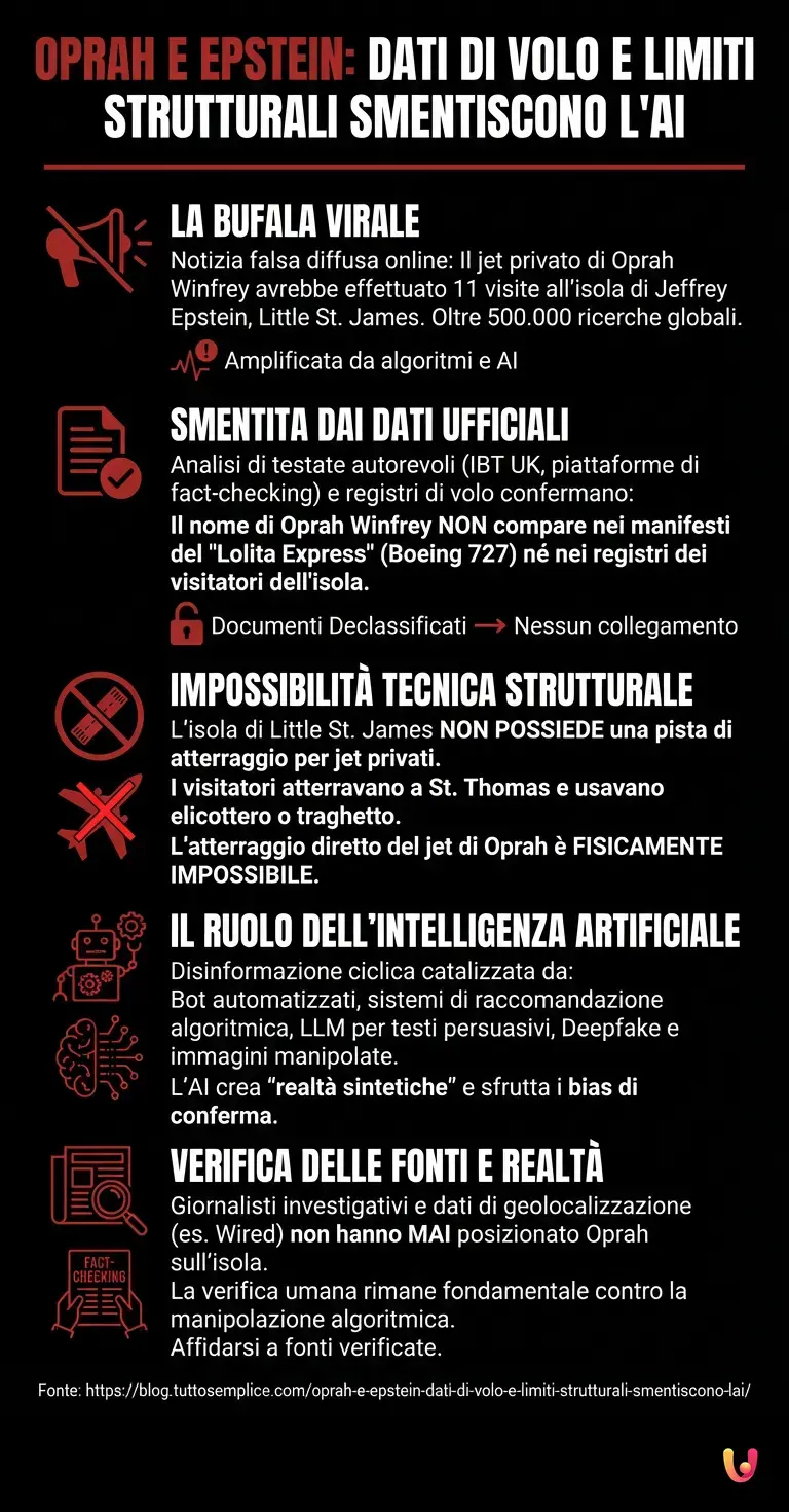 Oprah e Epstein: dati di volo e limiti strutturali smentiscono l'AI - Infografica riassuntiva