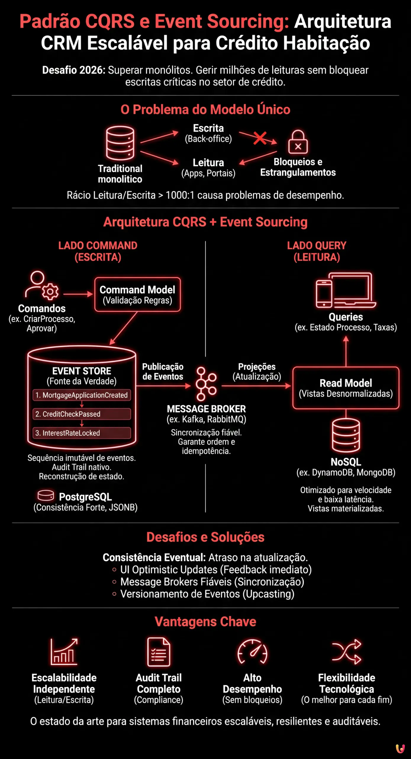 Padrão CQRS e Event Sourcing: Arquitetura CRM Escalável para Crédito Habitação - Infográfico resumido