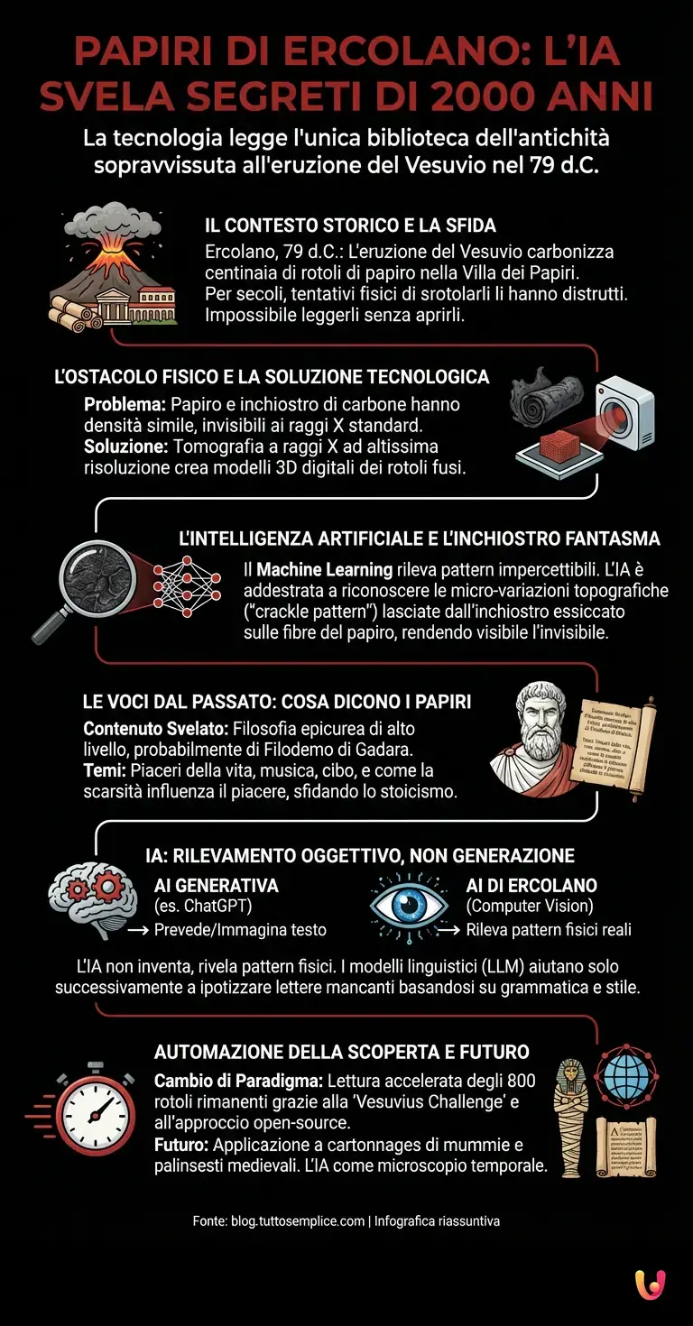 Papiri di Ercolano: l'IA legge il testo rimasto segreto per 2000 anni - Infografica riassuntiva