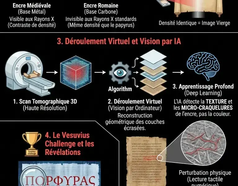 Infografica: Papyrus d'Herculanum : l'IA a lu l'invisible sans ouvrir le texte