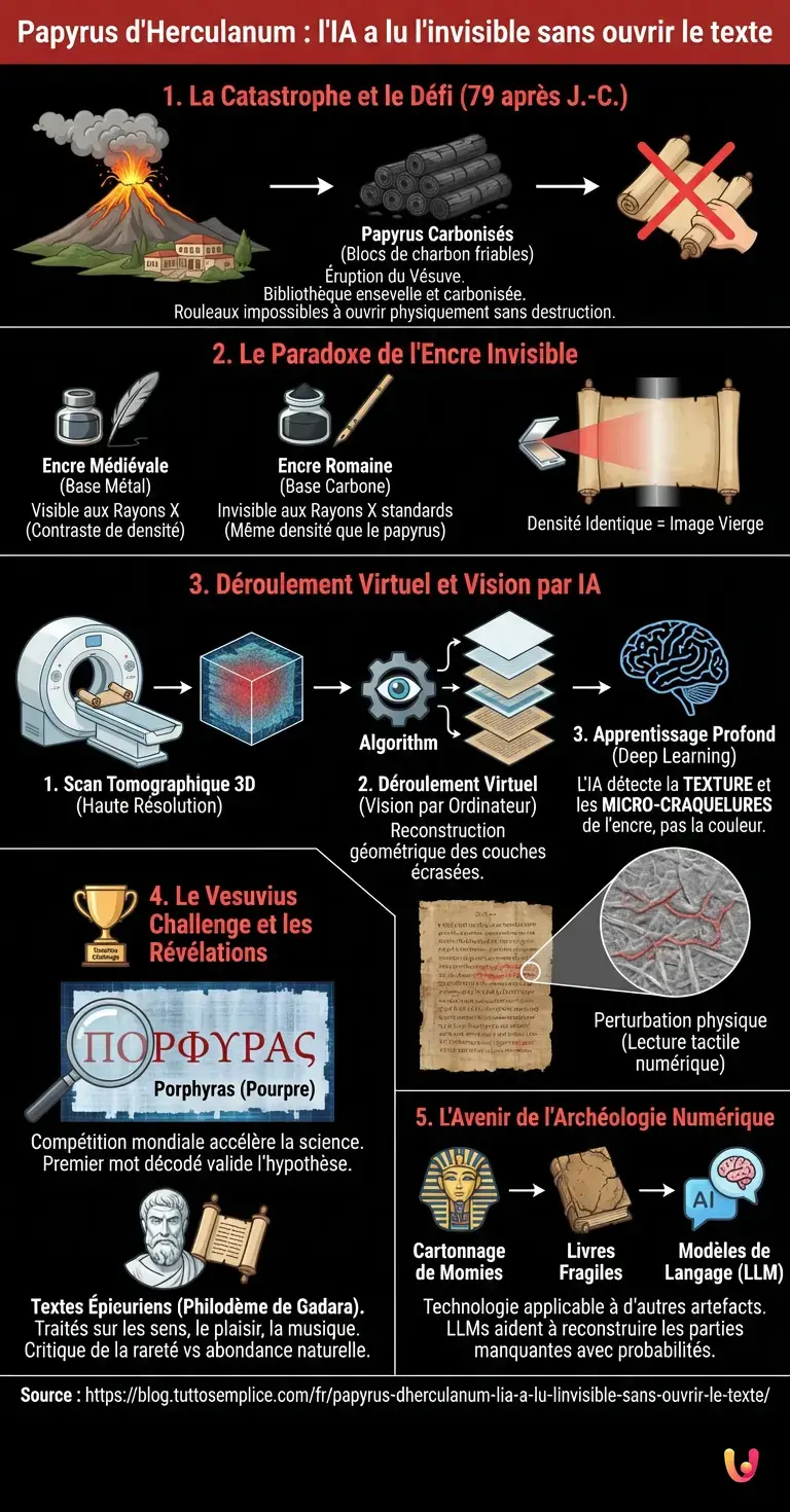 Papyrus d'Herculanum : l'IA a lu l'invisible sans ouvrir le texte - Infographie r&eacute;sumant