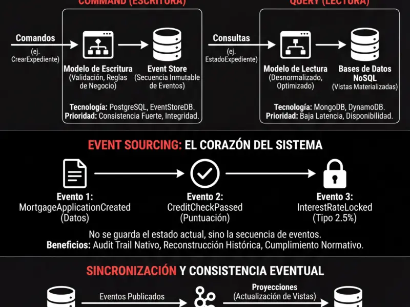 Infografica: Patr&oacute;n CQRS y Event Sourcing: Arquitectura CRM Escalable para Hipotecas