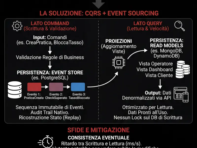 Infografica: Pattern CQRS e Event Sourcing: Architettura CRM Scalabile per Mutui