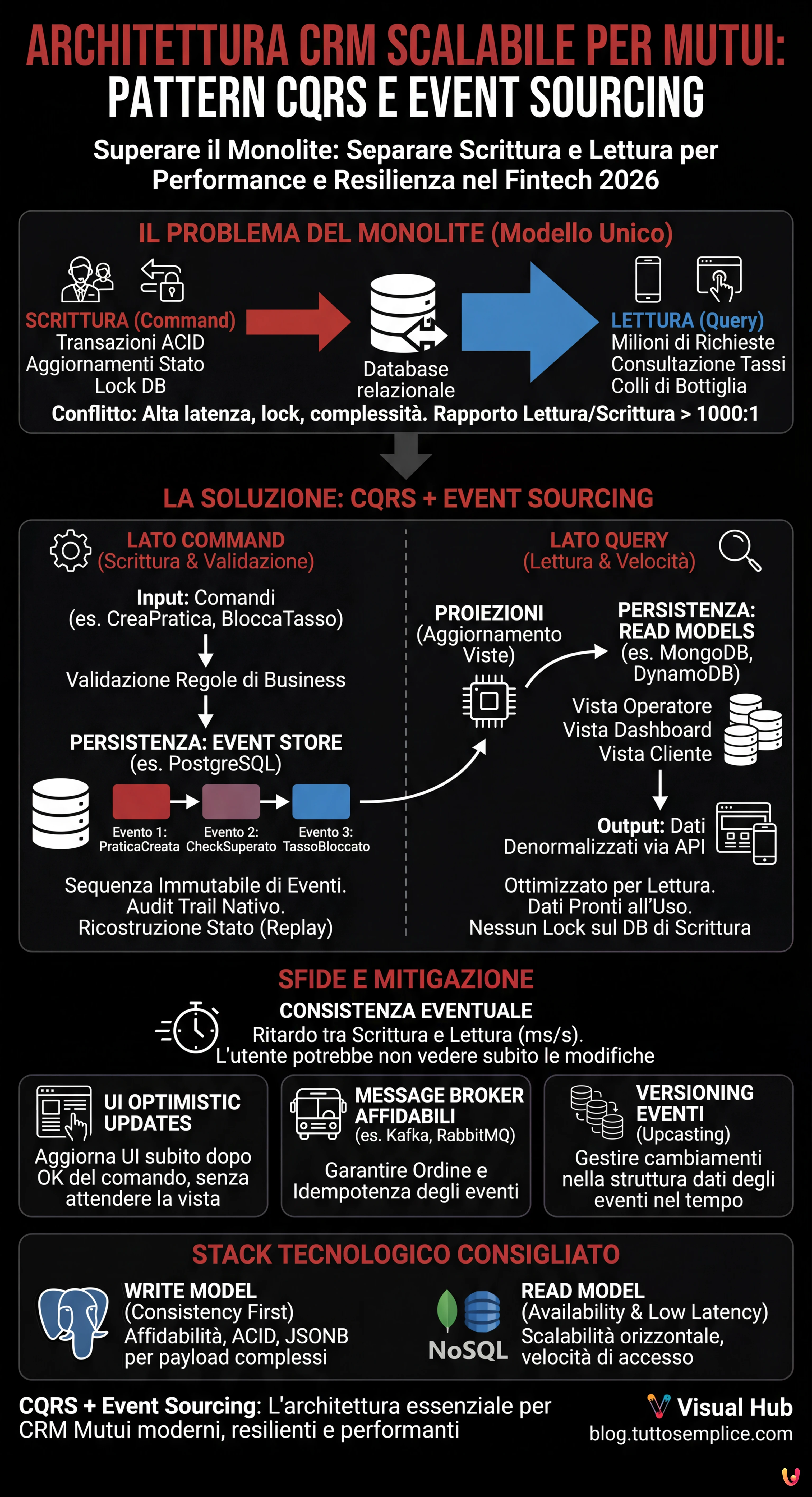 Pattern CQRS e Event Sourcing: Architettura CRM Scalabile per Mutui - Infografica riassuntiva