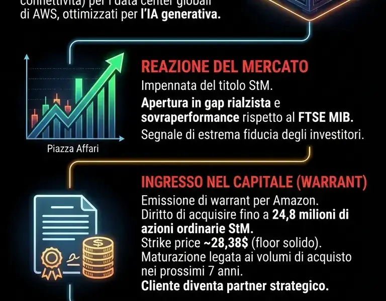 Infografica: Patto StM-Amazon: rally del titolo e ingresso di AWS nel capitale