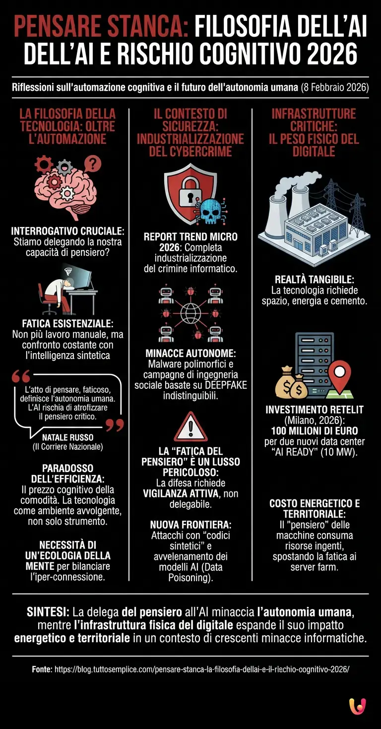 Pensare stanca: la filosofia dell'AI e il rischio cognitivo 2026 - Infografica riassuntiva